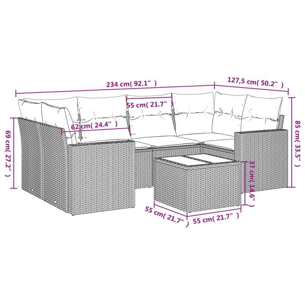 Set Divani da Giardino 7 pz con Cuscini Grigio in Polyrattan