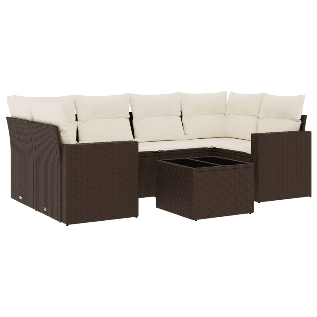 Set Divani da Giardino 7 pz con Cuscini Marrone in Polyrattan