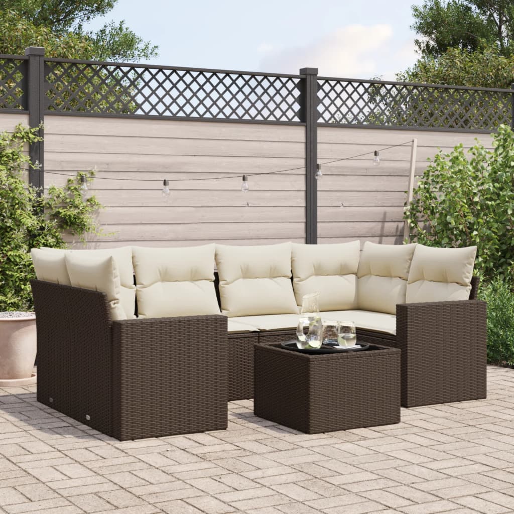 Set Divani da Giardino 7 pz con Cuscini Marrone in Polyrattan