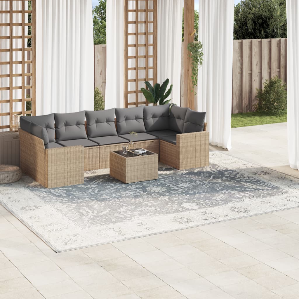 Set Divano da Giardino 8 pz con Cuscini Beige in Polyrattan