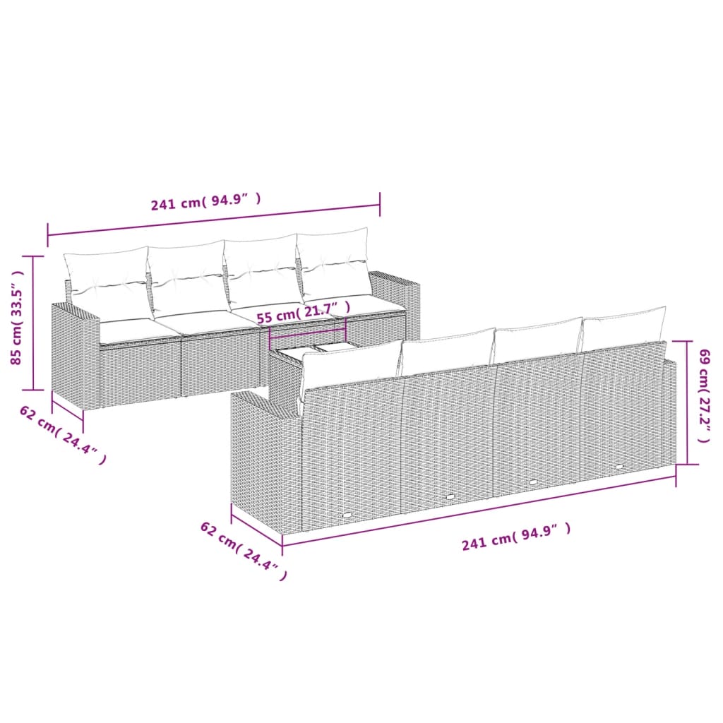 Set Divano da Giardino 9 pz con Cuscini Grigio in Polyrattan