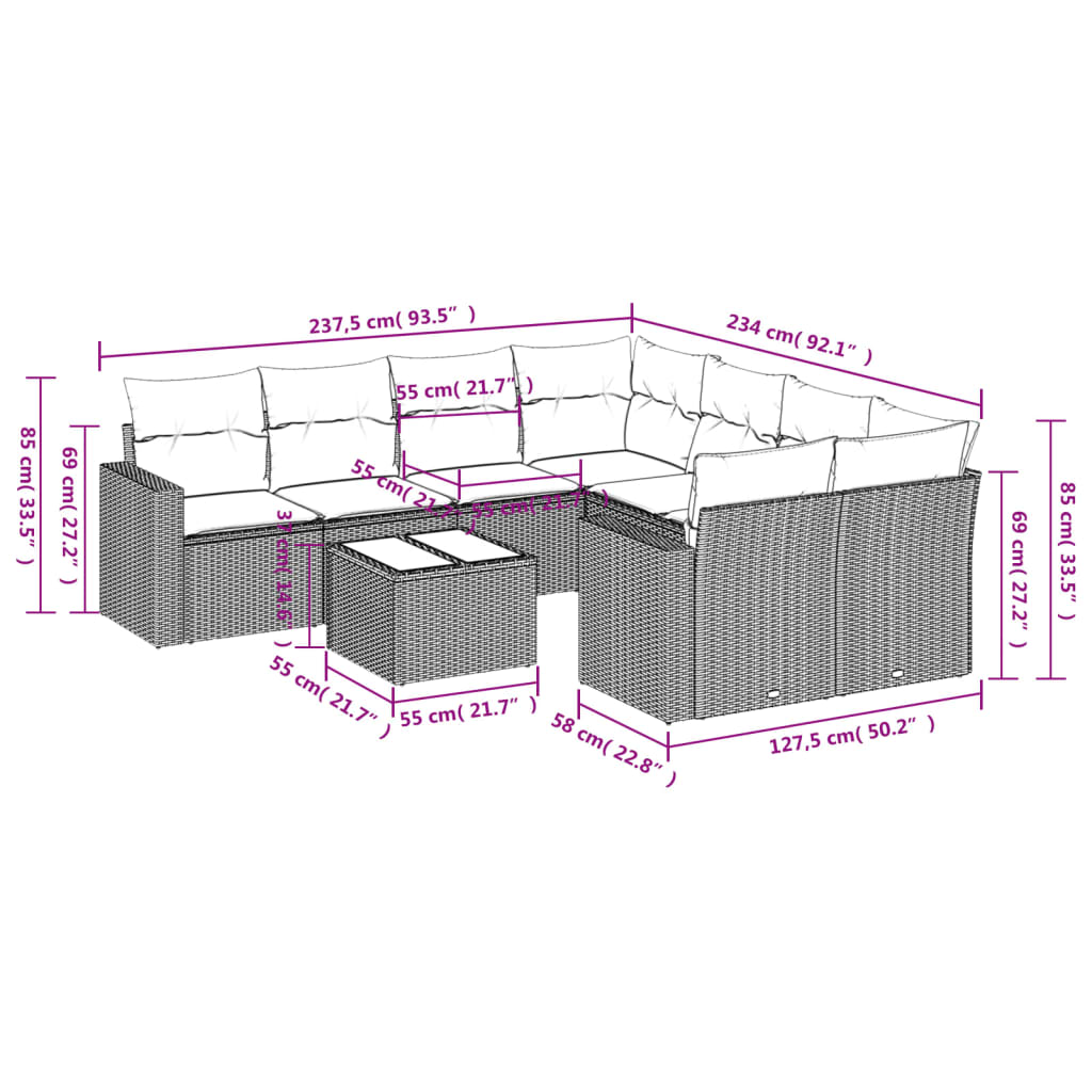 Set Divano da Giardino 9 pz con Cuscini Grigio in Polyrattan