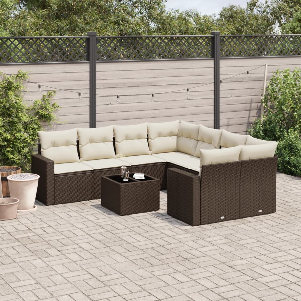 Set Divani da Giardino 9pz con Cuscini Marrone in Polyrattan