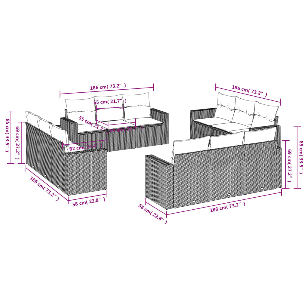 Set Divani da Giardino 12 pz con Cuscini Grigio in Polyrattan