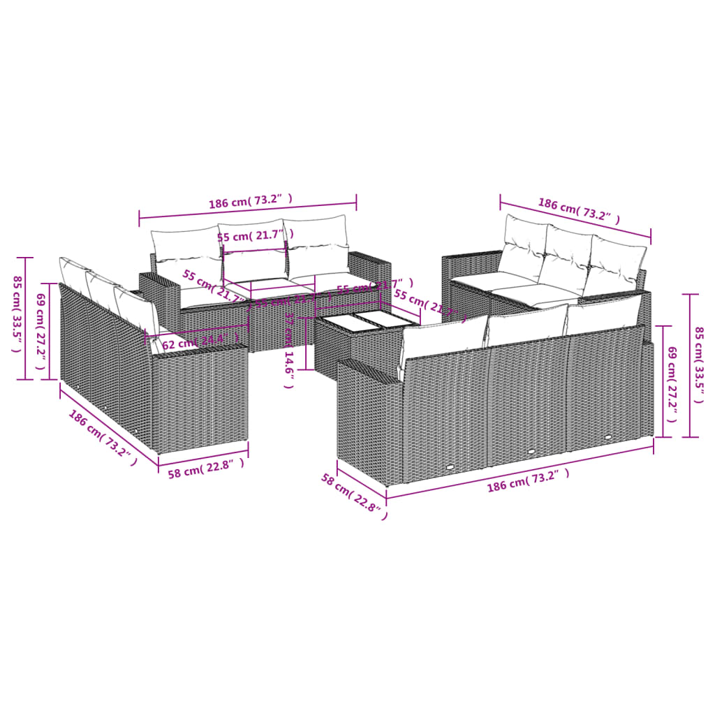 Set Divani da Giardino 13 pz con Cuscini Grigio in Polyrattan