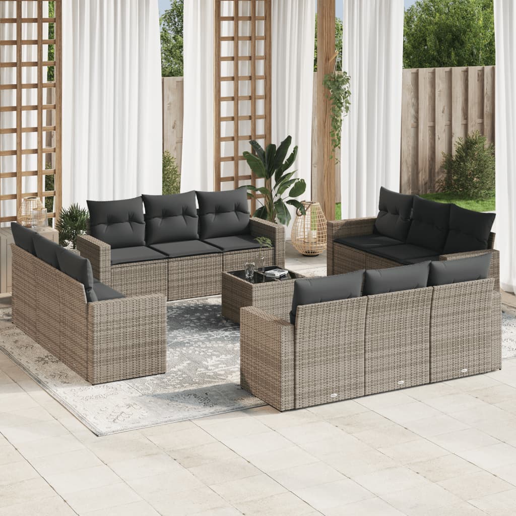 Set Divani da Giardino 13 pz con Cuscini Grigio in Polyrattan