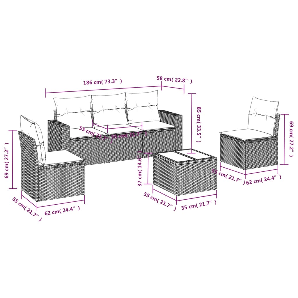 Set Divano da Giardino 6 pz con Cuscini Grigio in Polyrattan