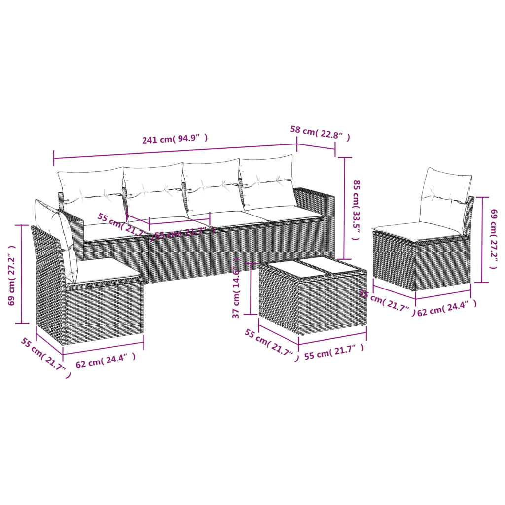 Set Divani da Giardino 7 pz con Cuscini Grigio in Polyrattan