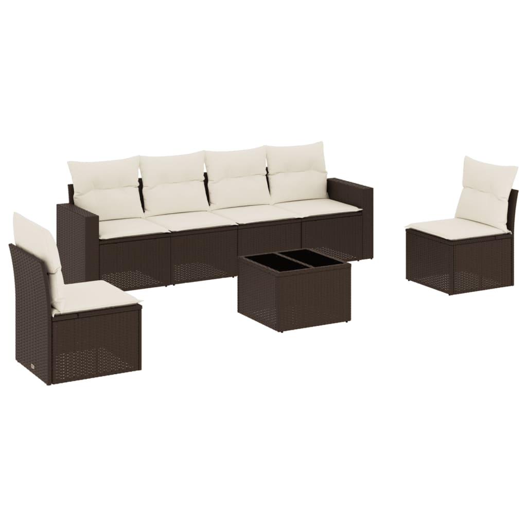 Set Divani da Giardino 7 pz con Cuscini Marrone in Polyrattan