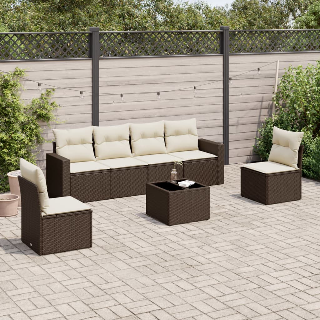 Set Divani da Giardino 7 pz con Cuscini Marrone in Polyrattan