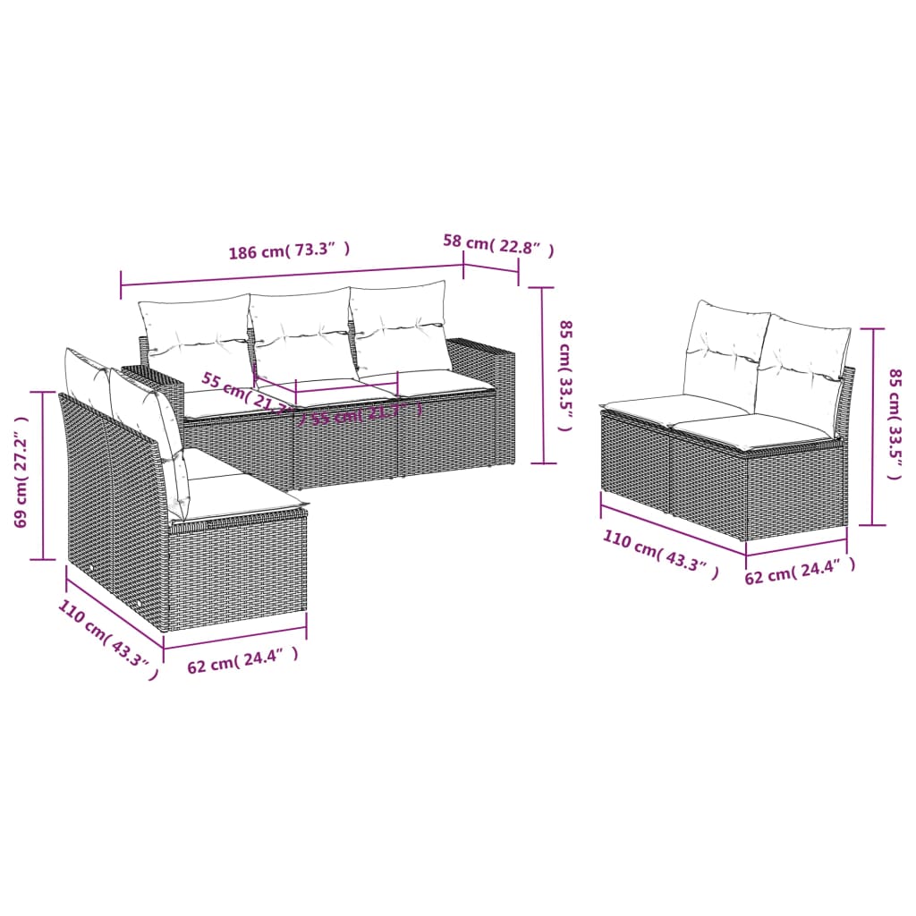 Set Divani da Giardino 7 pz con Cuscini Grigio in Polyrattan