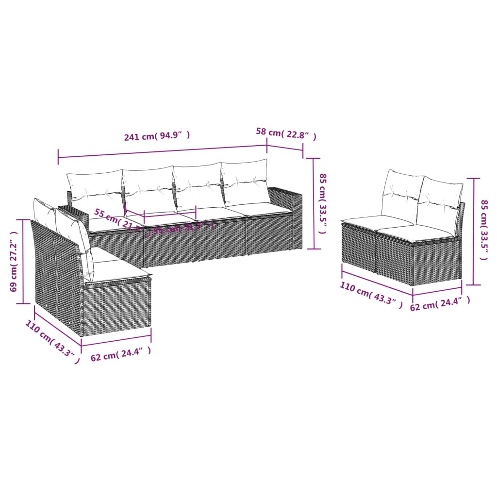 Set Divano da Giardino 8 pz con Cuscini Grigio in Polyrattan