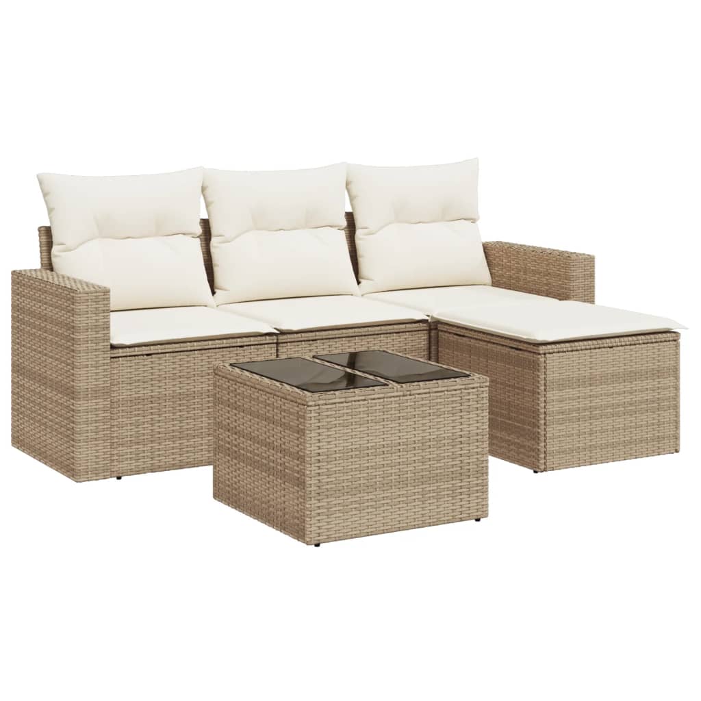 Set Divano da Giardino 5 pz con Cuscini Beige in Polyrattan