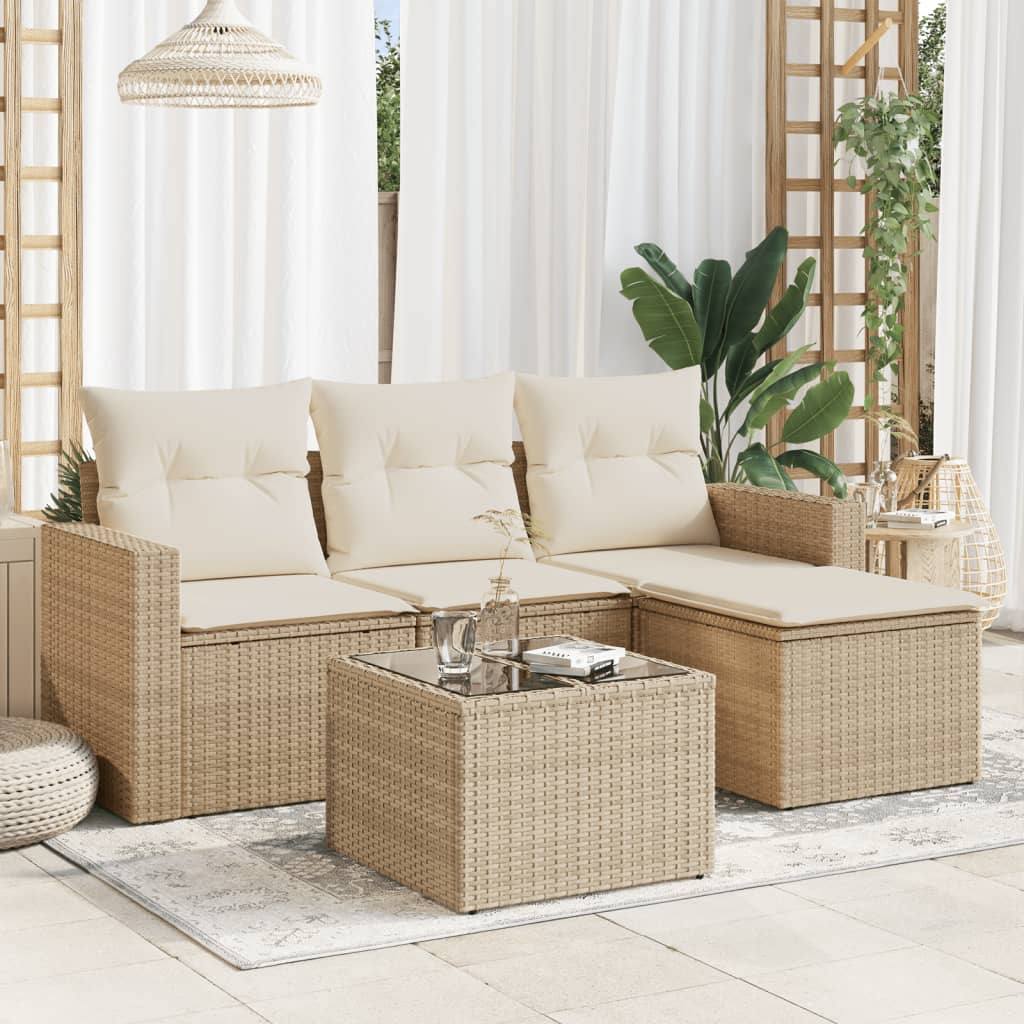 Set Divano da Giardino 5 pz con Cuscini Beige in Polyrattan