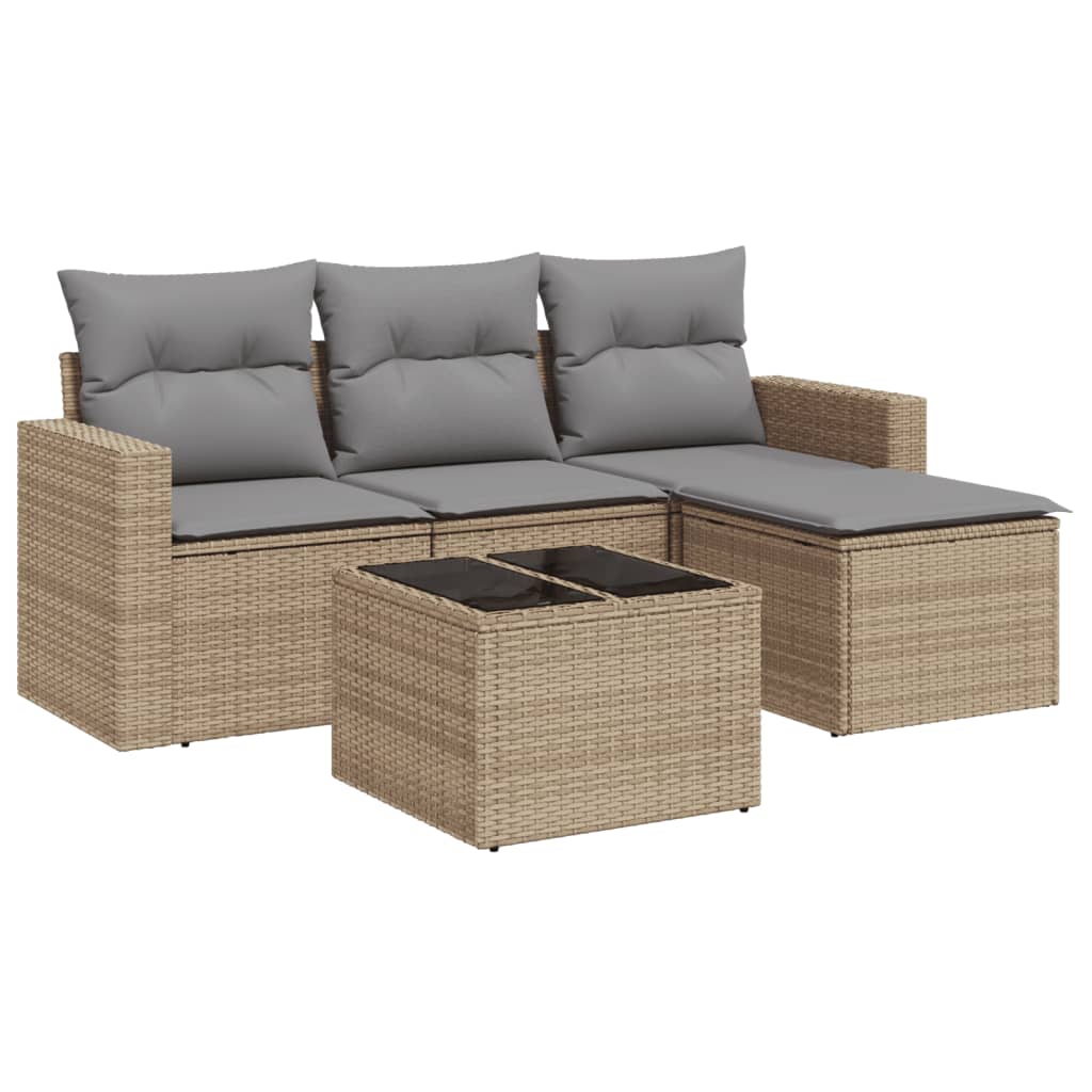 Set Divano da Giardino 5 pz con Cuscini Beige in Polyrattan