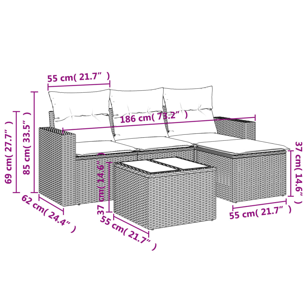 Set Divano da Giardino 5 pz con Cuscini Beige in Polyrattan