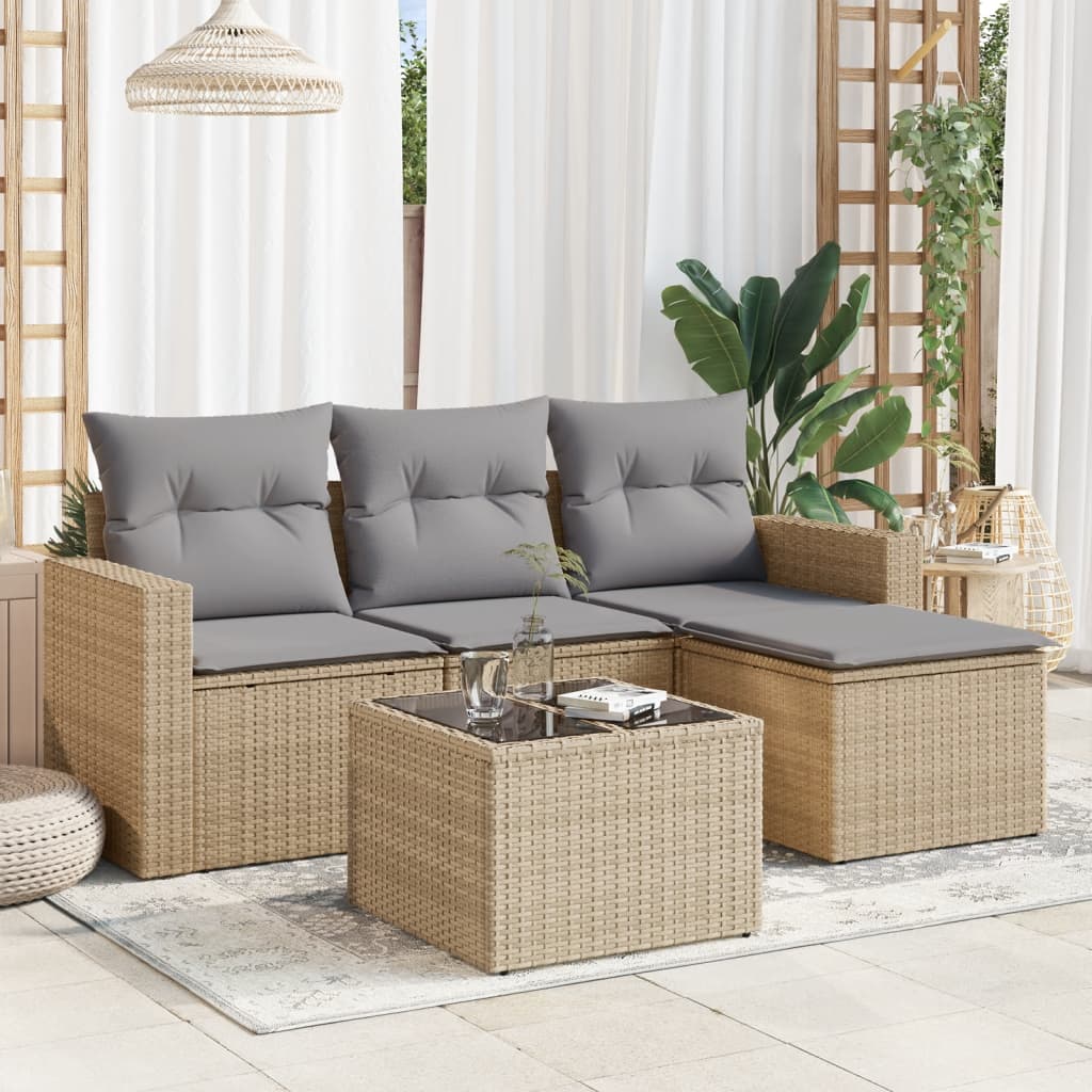 Set Divano da Giardino 5 pz con Cuscini Beige in Polyrattan