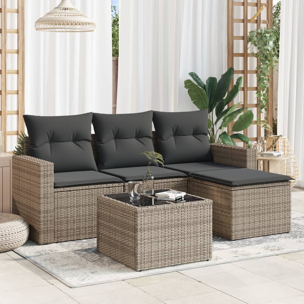 Set Divano da Giardino 5 pz con Cuscini Grigio in Polyrattan