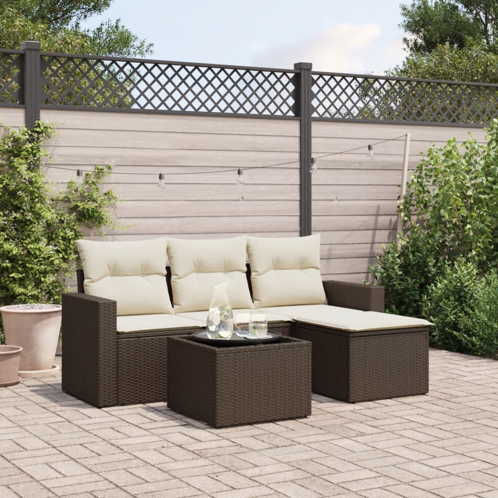 Set Divano da Giardino 5 pz con Cuscini Marrone in Polyrattan