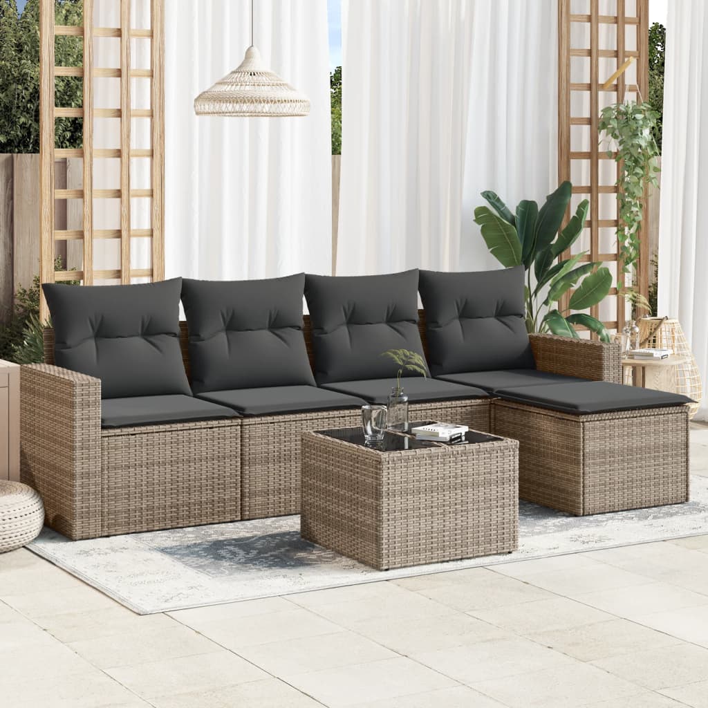 Set Divano da Giardino 6 pz con Cuscini Grigio in Polyrattan