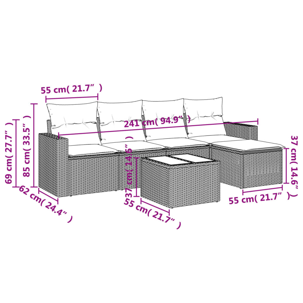 Set Divano da Giardino 6 pz con Cuscini Marrone in Polyrattan