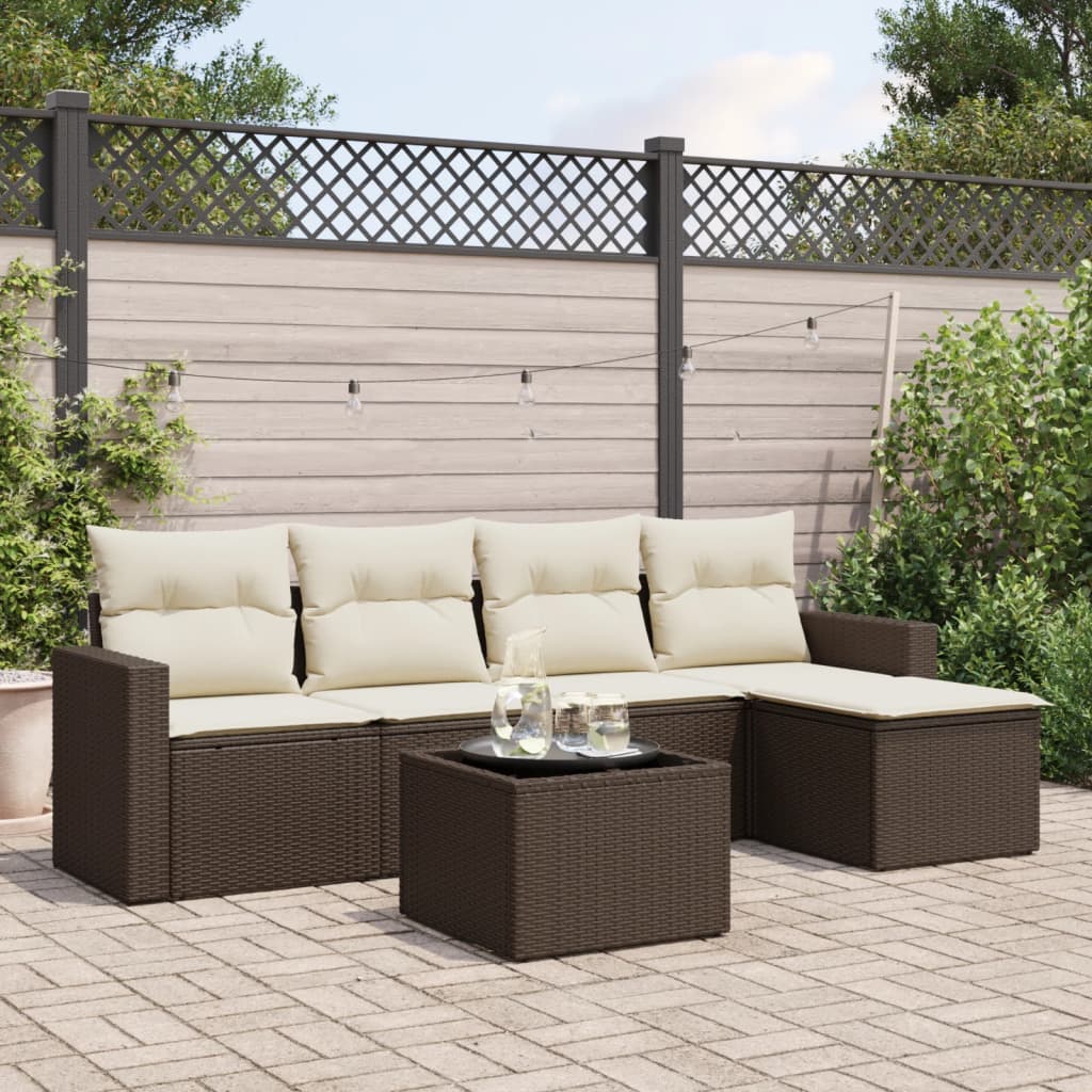 Set Divano da Giardino 6 pz con Cuscini Marrone in Polyrattan