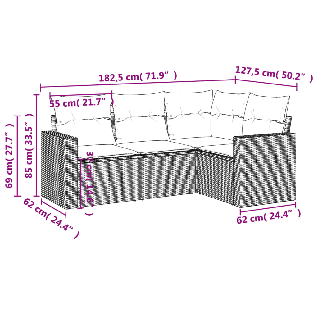 Set Divani da Giardino 4 pz con Cuscini in Polyrattan Grigio