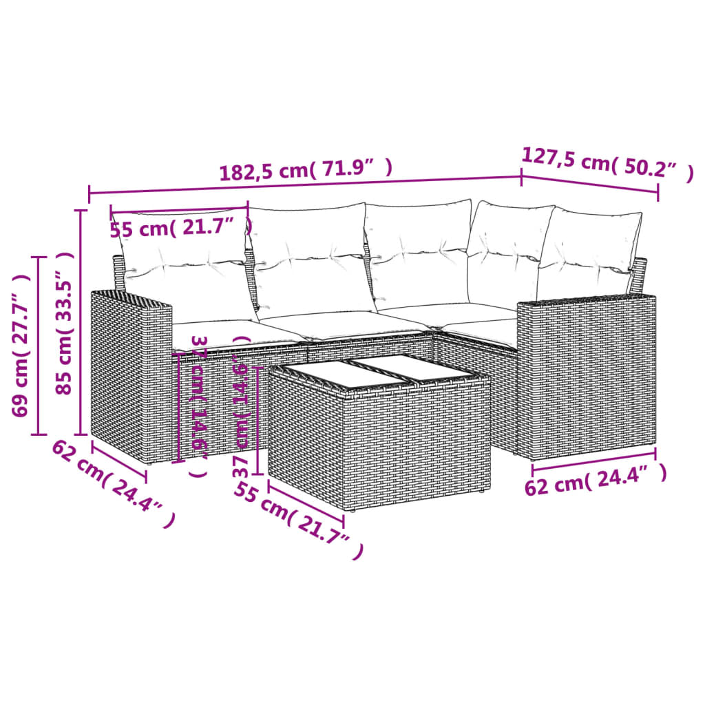 Set Divano da Giardino 5 pz con Cuscini Grigio in Polyrattan