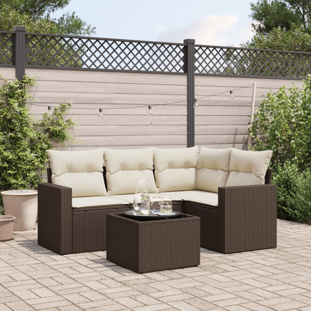 Set Divano da Giardino 5 pz con Cuscini Marrone in Polyrattan