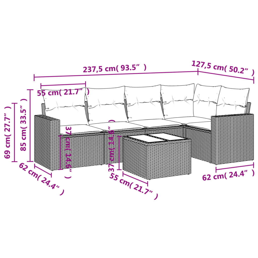 Set Divano da Giardino 6 pz con Cuscini Grigio in Polyrattan