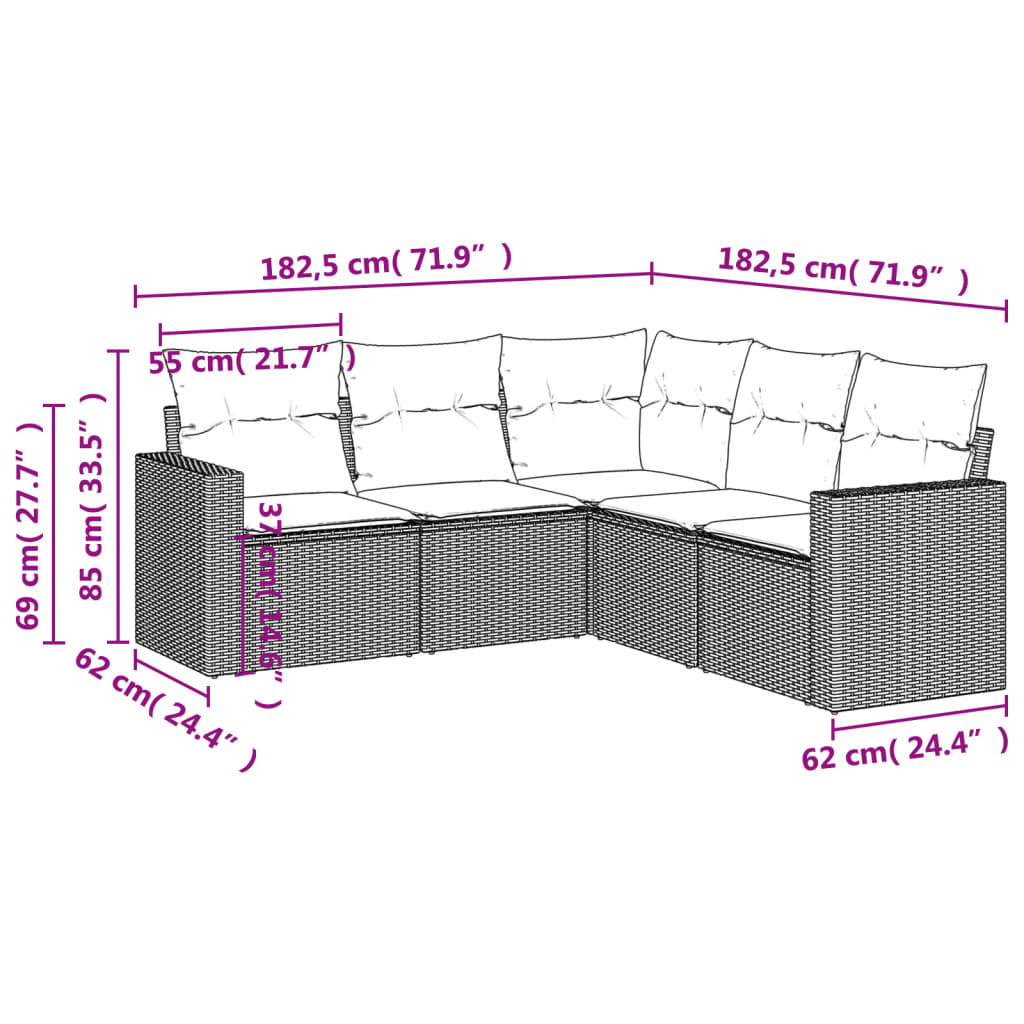 Set Divano da Giardino 5 pz con Cuscini Grigio in Polyrattan