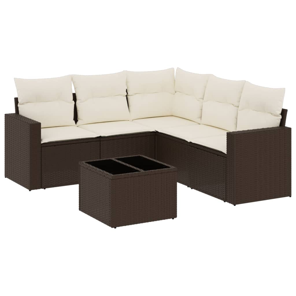 Set Divano da Giardino 6 pz con Cuscini Marrone in Polyrattan