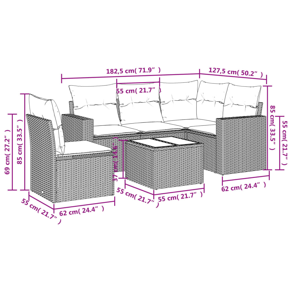 Set Divano da Giardino 6 pz con Cuscini Beige in Polyrattan