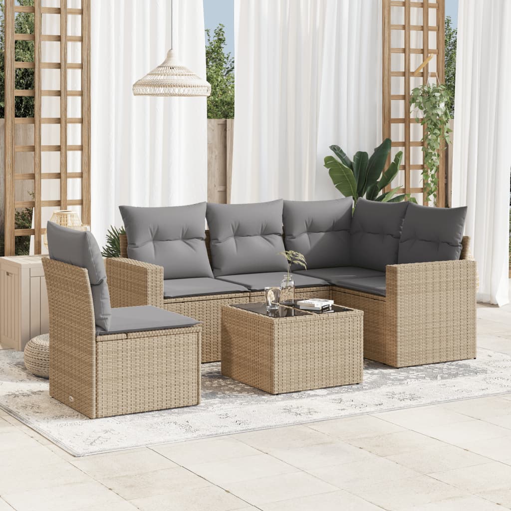 Set Divano da Giardino 6 pz con Cuscini Beige in Polyrattan