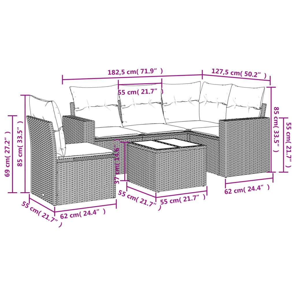 Set Divani da Giardino 6 pz con Cuscini Marrone in Polyrattan