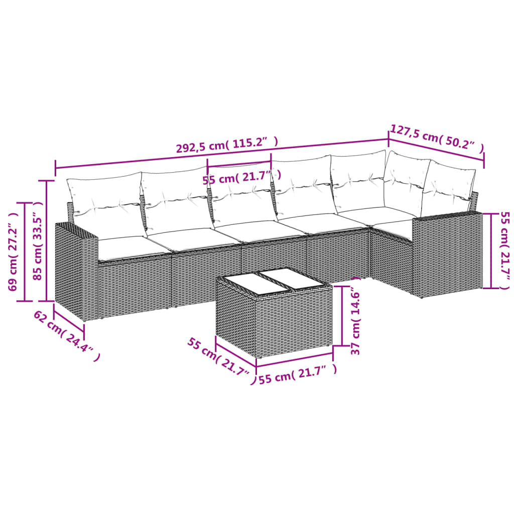 Set Divani da Giardino 7 pz con Cuscini Grigio in Polyrattan