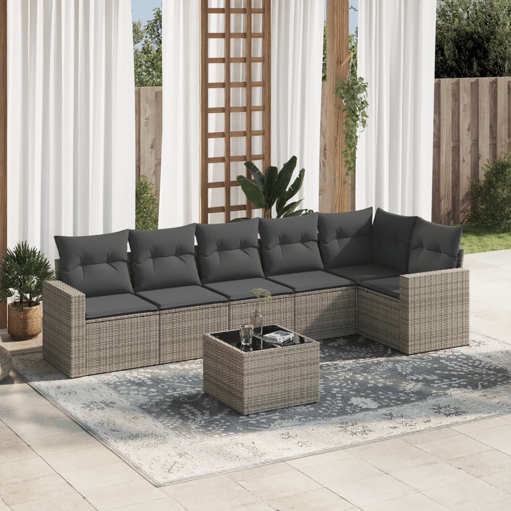 Set Divani da Giardino 7 pz con Cuscini Grigio in Polyrattan