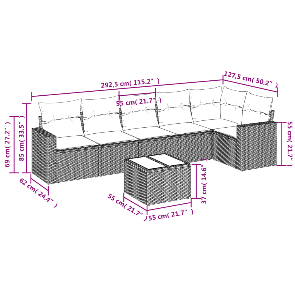 Set Divani da Giardino 7 pz con Cuscini Marrone in Polyrattan