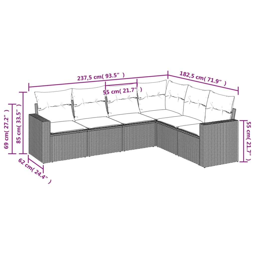 Set Divano da Giardino 6 pz con Cuscini Grigio in Polyrattan