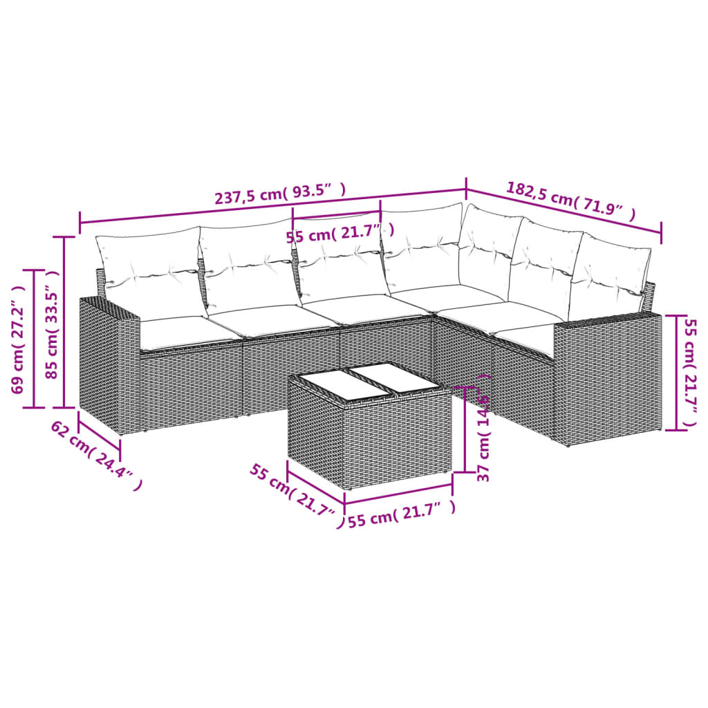 Set Divani da Giardino 7 pz con Cuscini Beige in Polyrattan