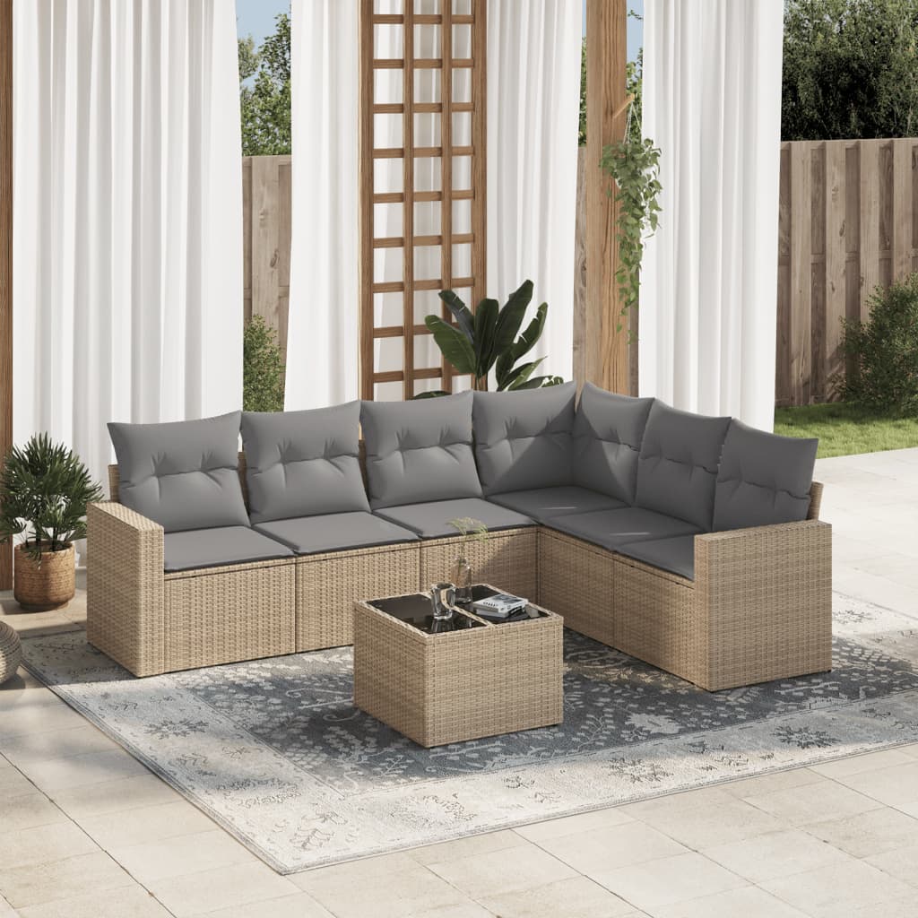 Set Divani da Giardino 7 pz con Cuscini Beige in Polyrattan