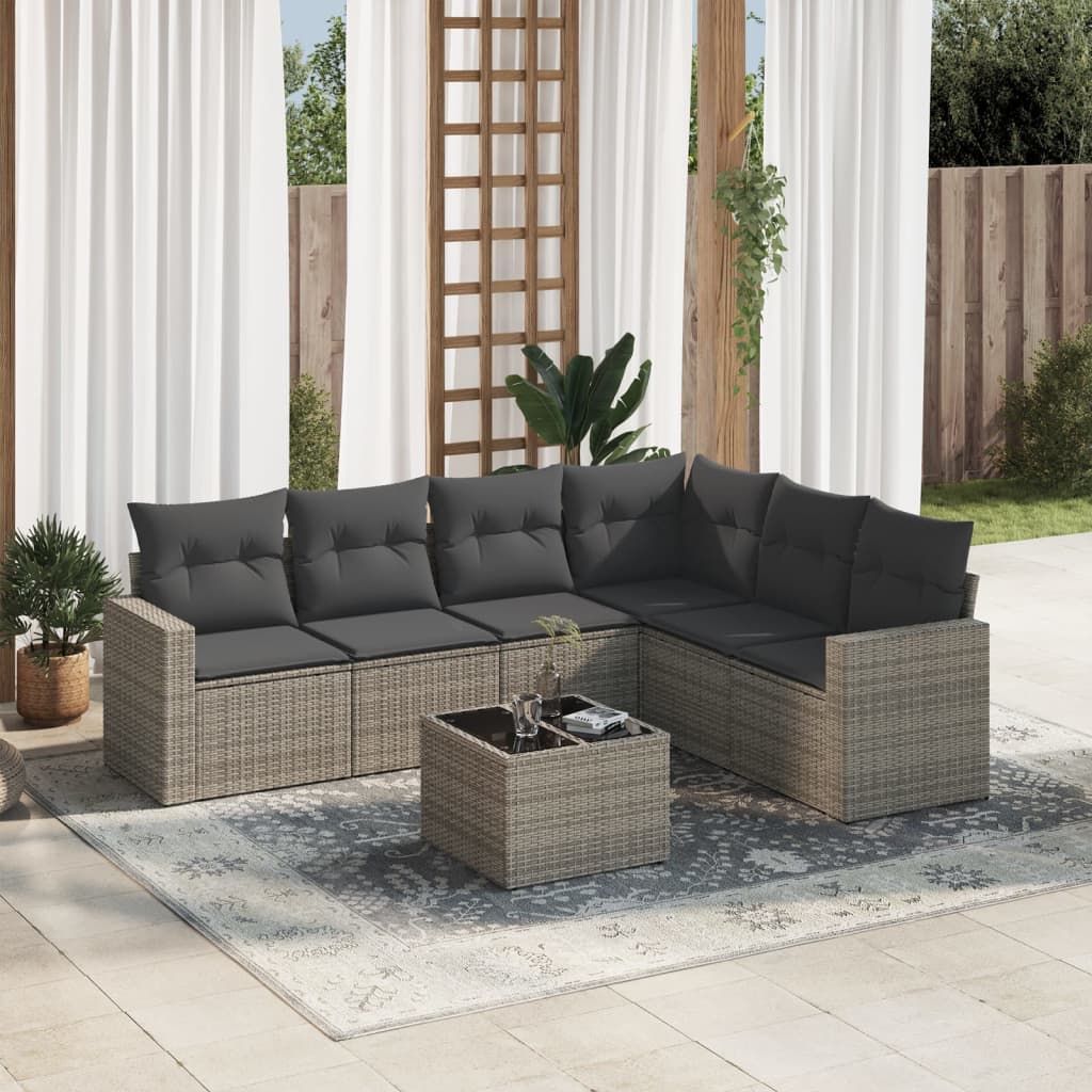 Set Divani da Giardino 7 pz con Cuscini Grigio in Polyrattan