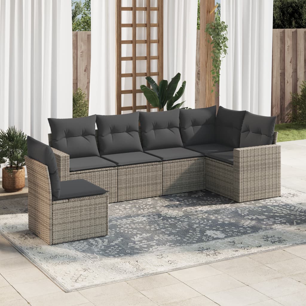 Set Divano da Giardino 6 pz con Cuscini Grigio in Polyrattan