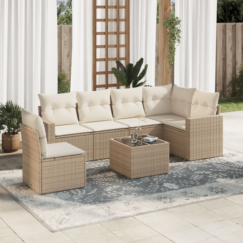 Set Divani da Giardino 7 pz con Cuscini Beige in Polyrattan