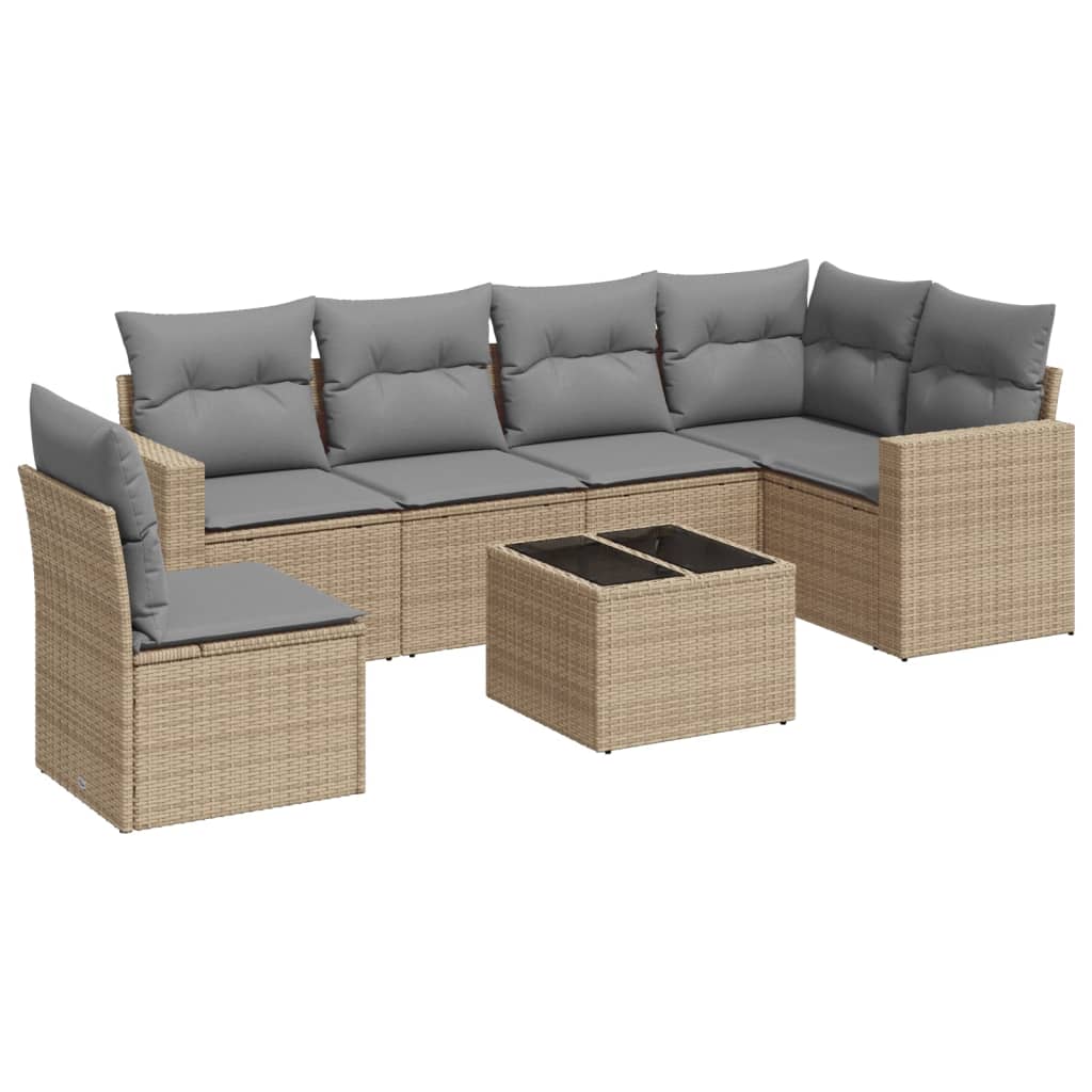 Set Divani da Giardino 7 pz con Cuscini Beige in Polyrattan