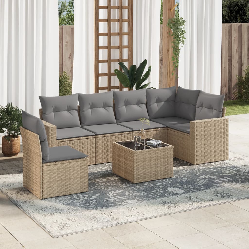 Set Divani da Giardino 7 pz con Cuscini Beige in Polyrattan