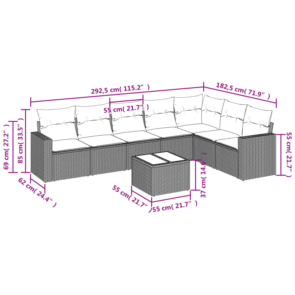 Set Divano da Giardino 8 pz con Cuscini Grigio in Polyrattan