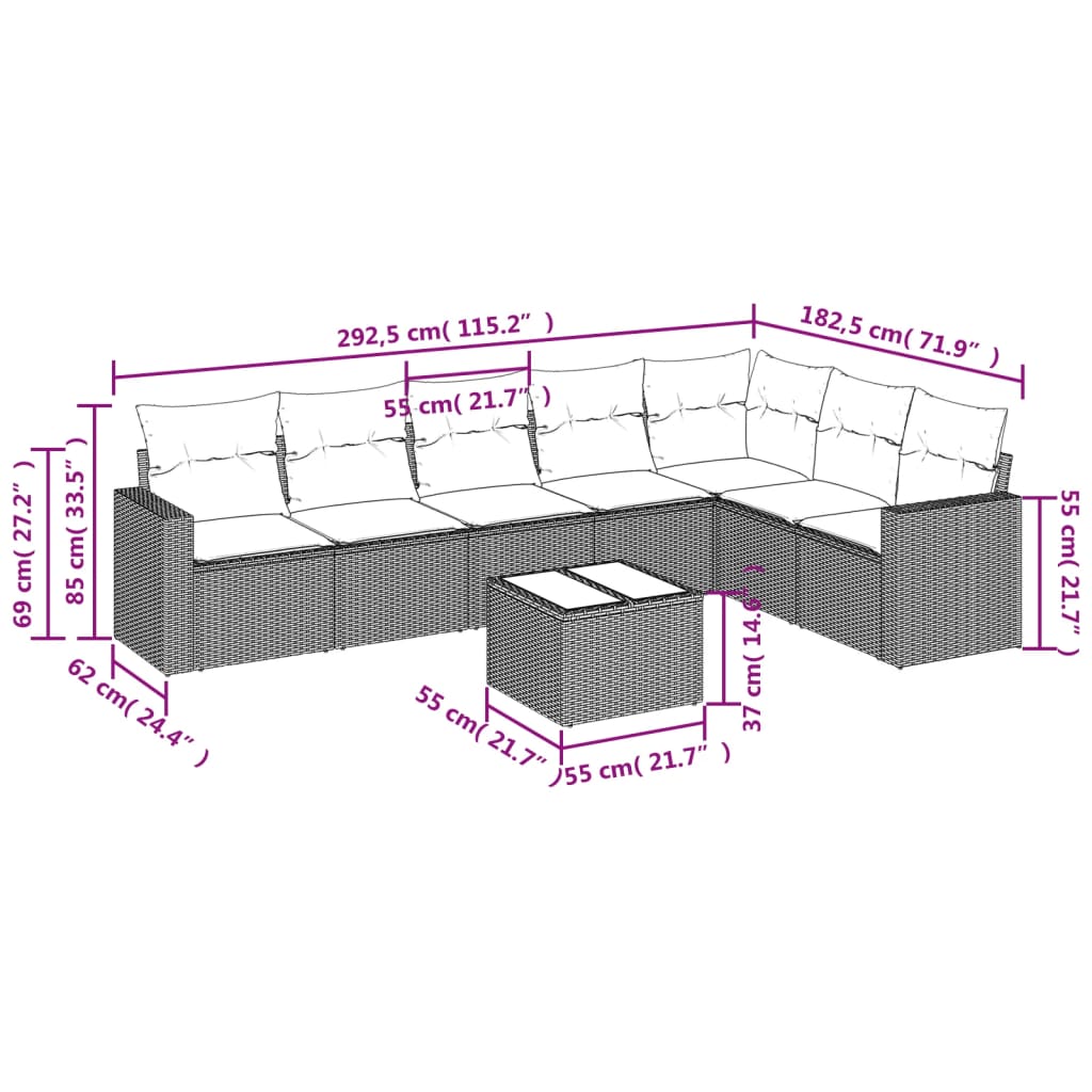 Set Divani da Giardino 8 pz con Cuscini Marrone in Polyrattan