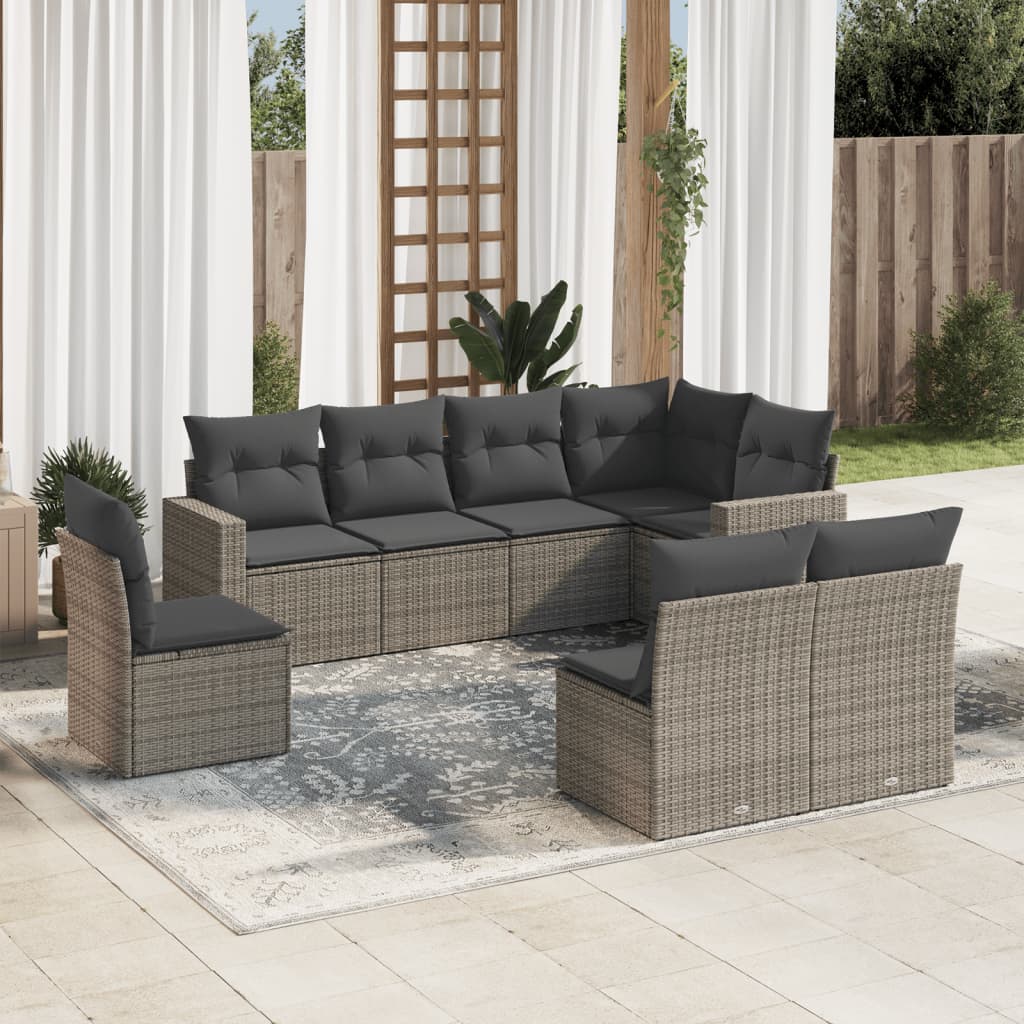 Set Divano da Giardino 8 pz con Cuscini Grigio in Polyrattan