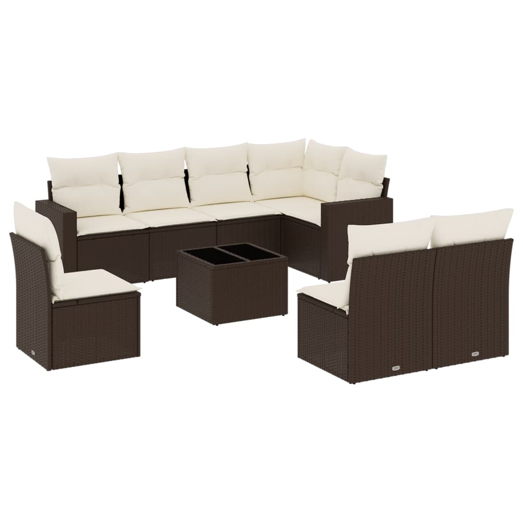 Set Divani da Giardino 9pz con Cuscini Marrone in Polyrattan